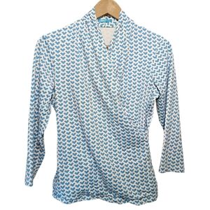 J. McLaughlin Catalina Cloth Surplice Faux Wrap Top Blue White Printed Medium